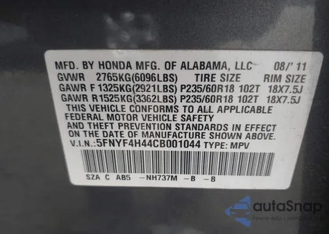 2012 Honda Pilot Ex z USA, uszkodzony, nr VIN 5FNYF4H44CB001044